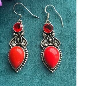 Silver Red Coral and Garnet Dangle Earrings